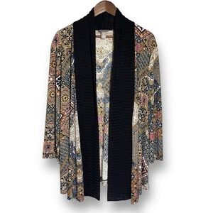 Chico's Cardigan XL Boho Patchwork Gypsy Open Front‎ Long Line Easywear Stretch